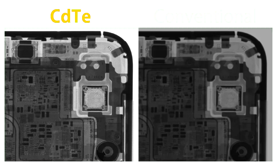 CdTeセンサと従来型センサで撮像したスマートフォン内部のX線画像の比較