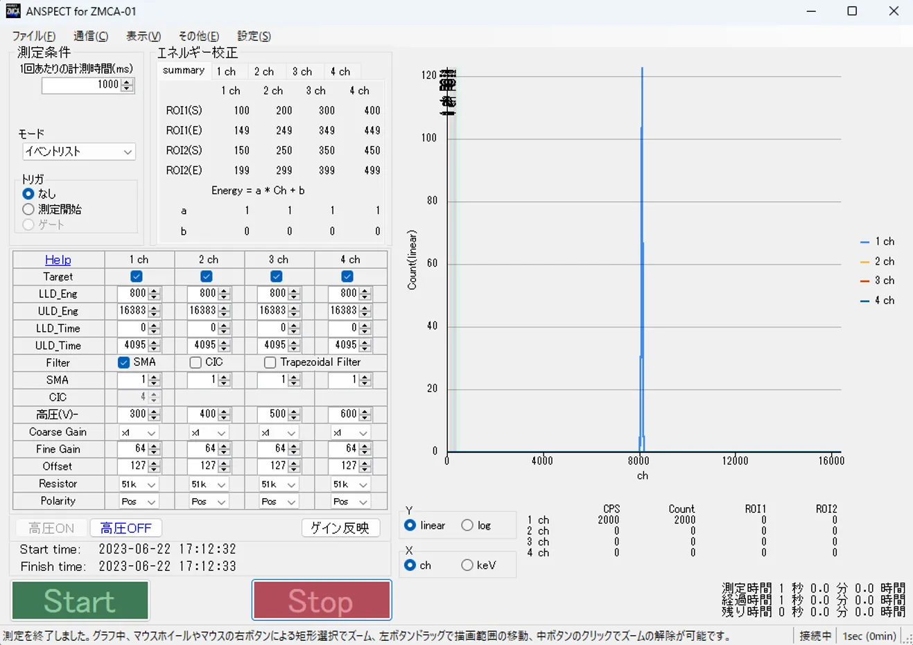 ANSPECT for ZMCA-01のスペクトル測定画面（ROI設定・エネルギー校正・波高スペクトル表示）