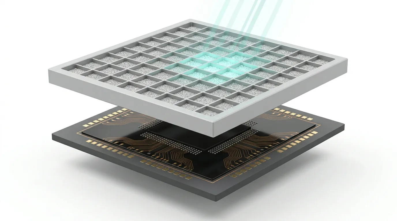 3D CMOS FPDの積層構造のイメージ（隔壁型シンチレータと読み出しCMOSの積層）